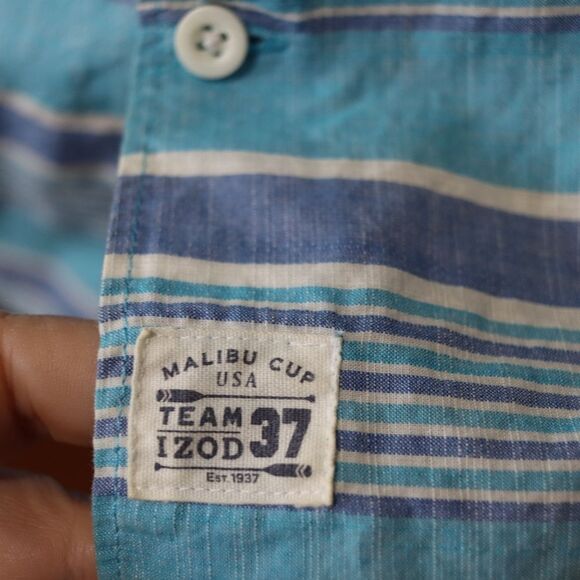 Izod Blue Casual Button Down Shirt with Striking Stripes Medium - Picture 4 of 14